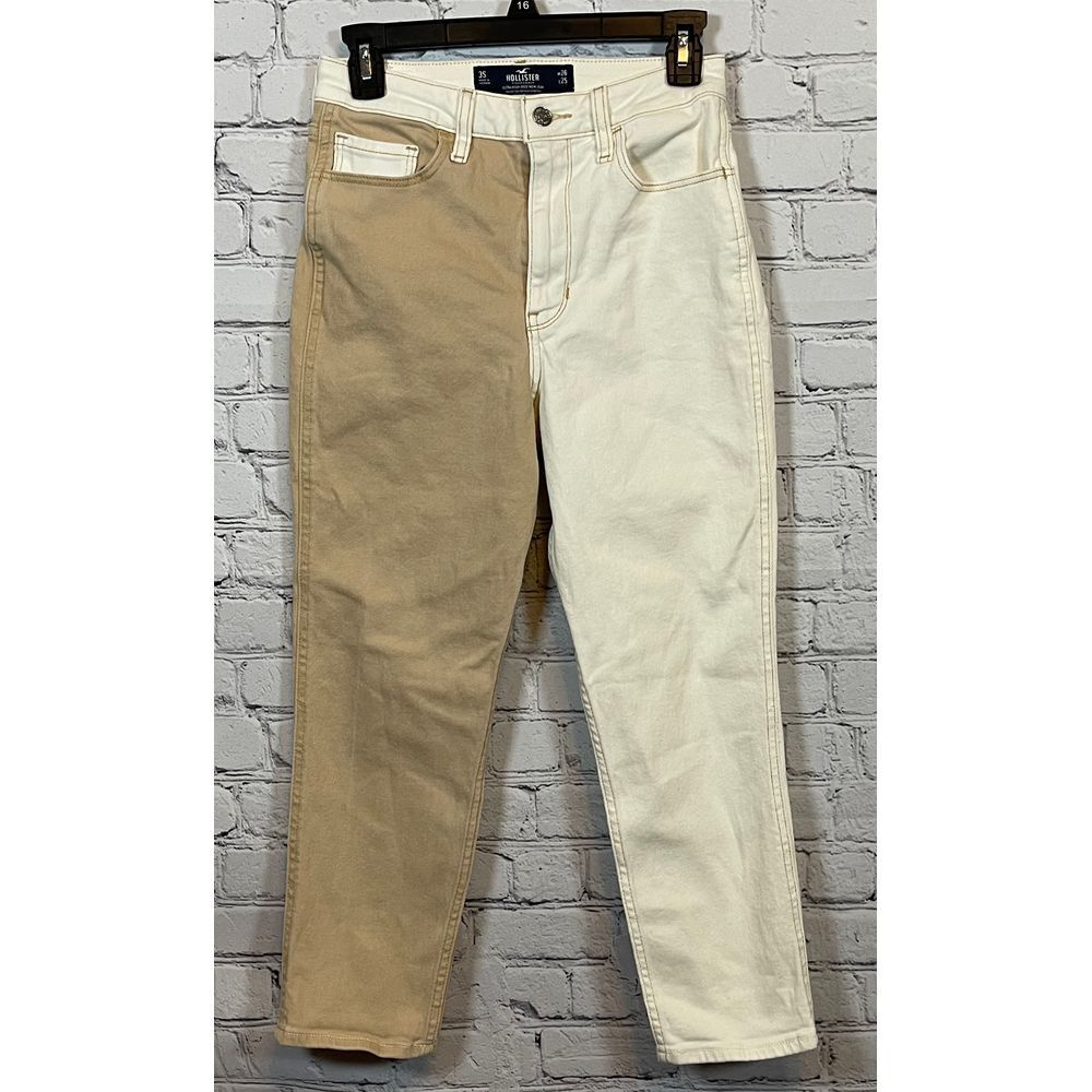Hollister Two-Tone Ultra High-Rise Mom Jeans Vintage‎ Color Block Beige White 3W